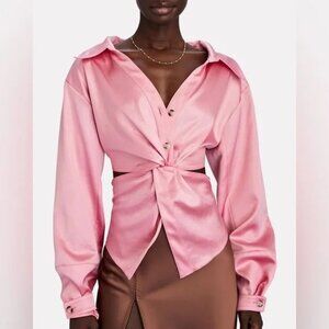 NANUSHKA Rasha Satin Twist-Front Blouse Cut out Satin Shirt Size XS